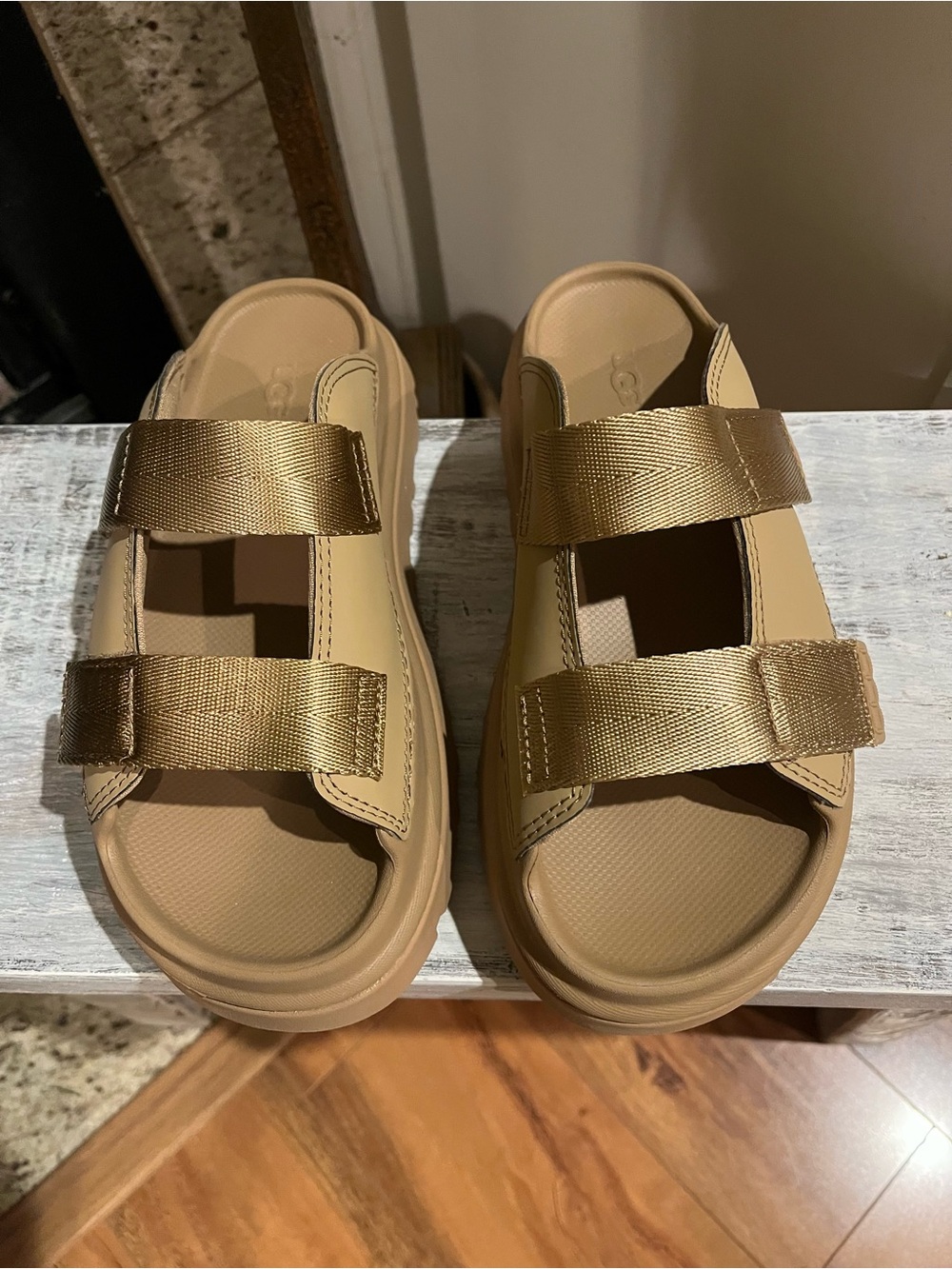 UGG Slide Sandals in Beige/Gold with adjustable straps